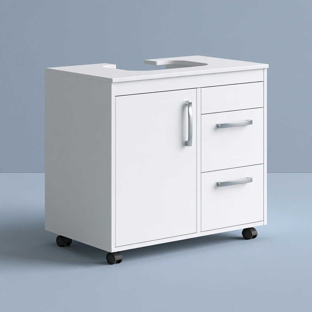 Meuble de rangement en bois sur roulettes, coloris blanc