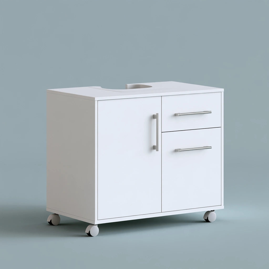 Meuble de rangement en bois sur roulettes, coloris blanc