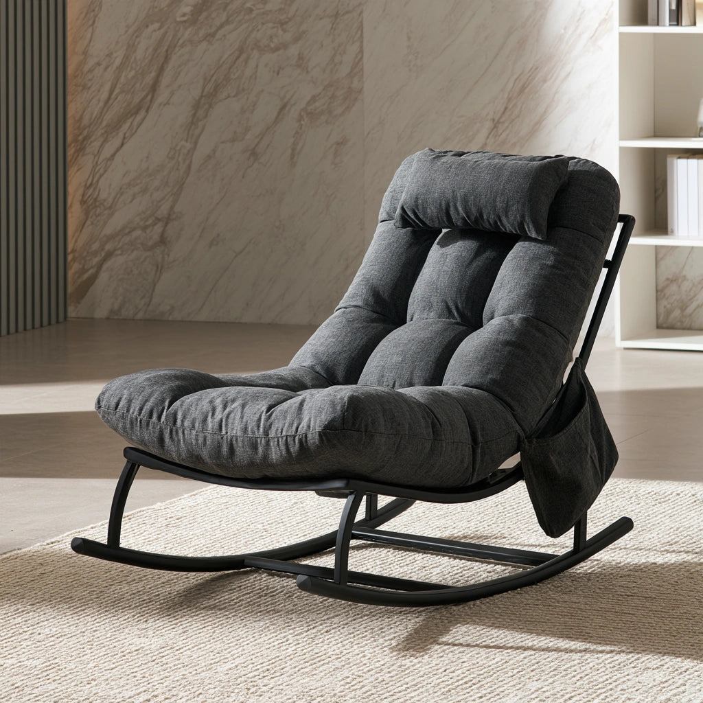 Fauteuil à bascule rembourré en métal, coloris gris foncé et noir