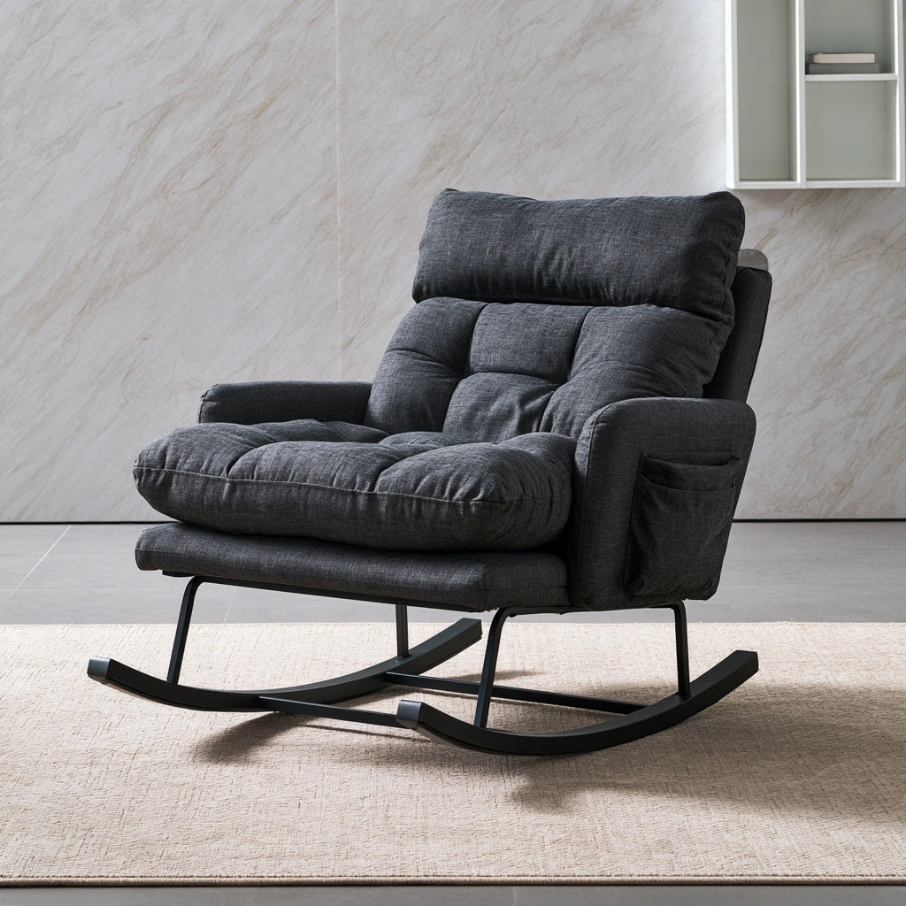 Fauteuil à bascule rembourré en métal, coloris gris foncé et noir