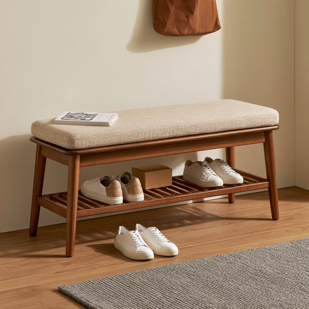 Banc à chaussures avec assise rembourrée en bois, coloris beige