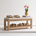 Banc à chaussures avec assise rembourrée en tissu, coloris beige clair