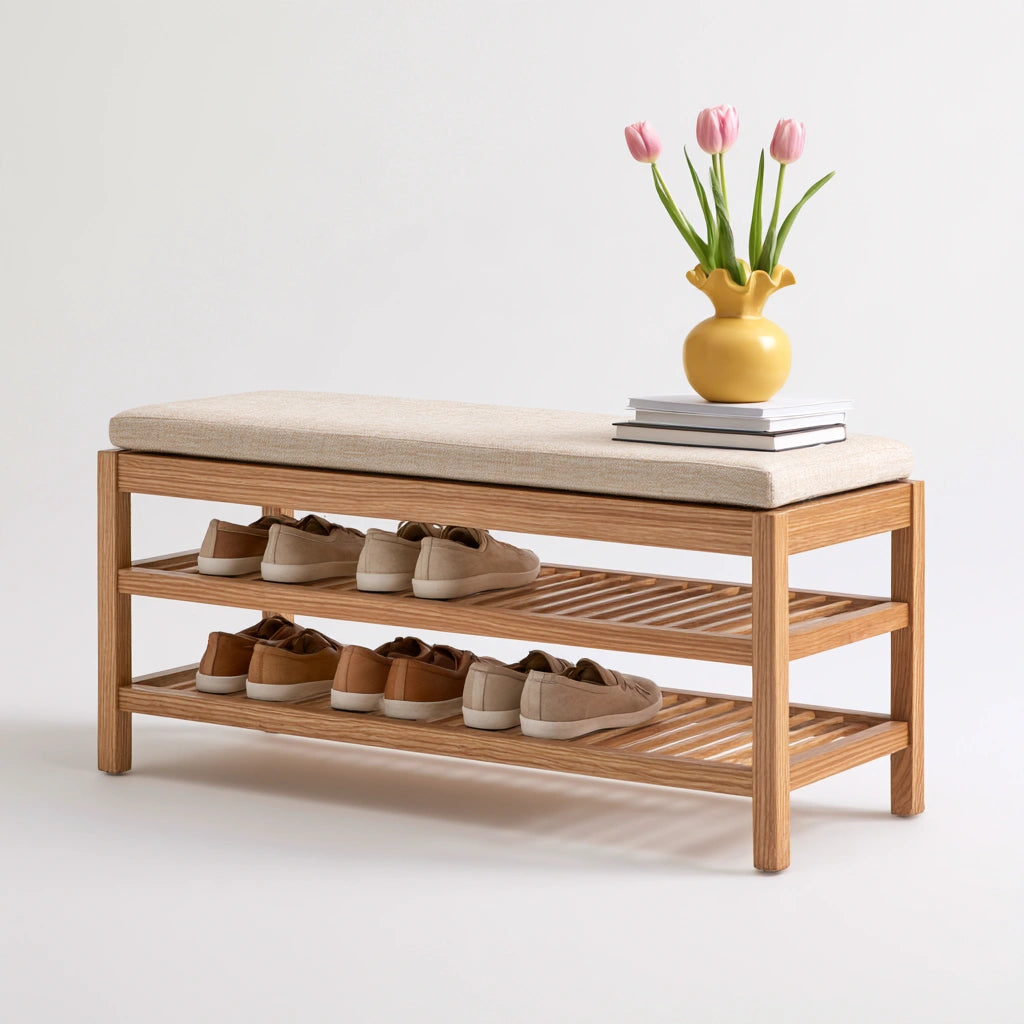 Banc à chaussures avec assise rembourrée en tissu, coloris beige clair