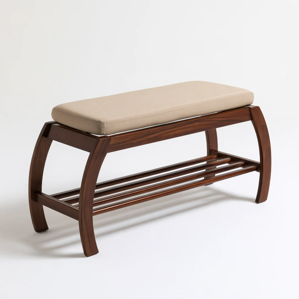 Banc à chaussures avec assise rembourrée en bois, coloris brun naturel