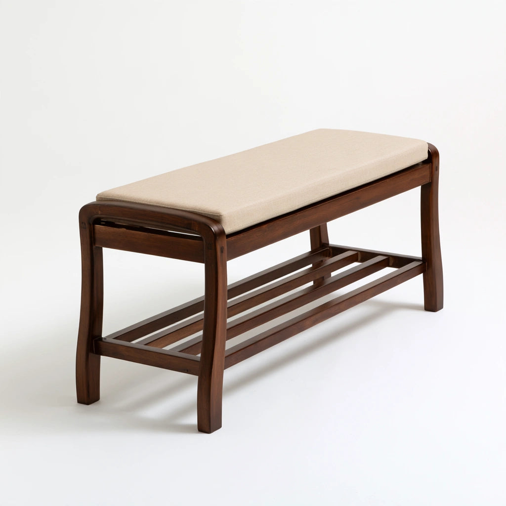 Banc à chaussures avec assise rembourrée en bois, coloris brun naturel
