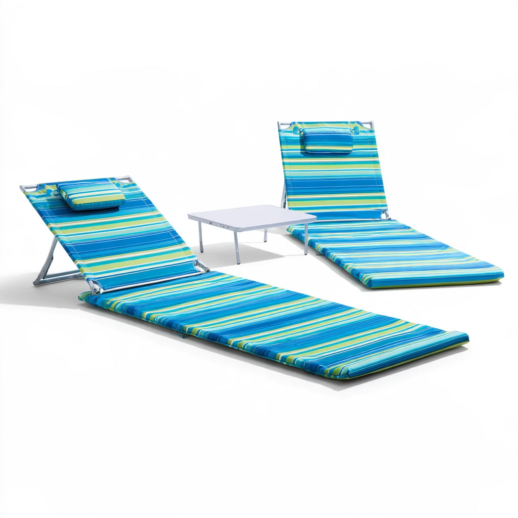 Ensemble de deux bains de soleil pliants avec table d'appoint aux lignes épurées, coloris gris